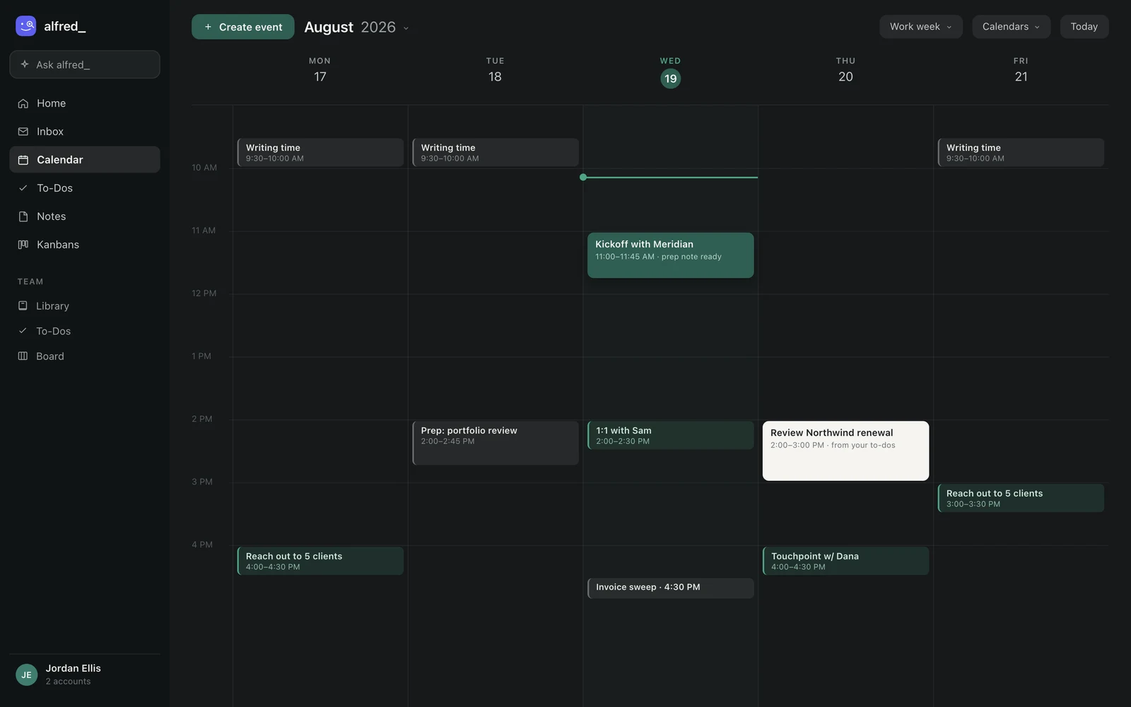 The alfred_ calendar week view: meetings, focus blocks, and to-dos scheduled together